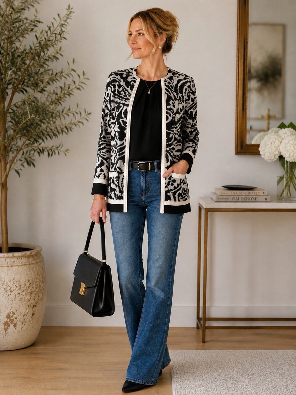Misook Black & White Abstract Open Front Cardigan Jacket Size Medium